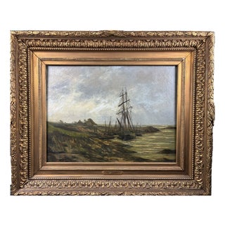 Emile Renouf, Sailboat in Port, Returning from Fishing, 19th Century, Oil on Canvas For Sale