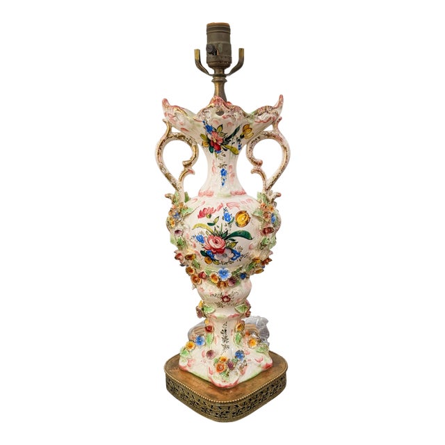 Vintage Italian Capodimonte Style Porcelain Floral Amphora Urn Table Lamp For Sale