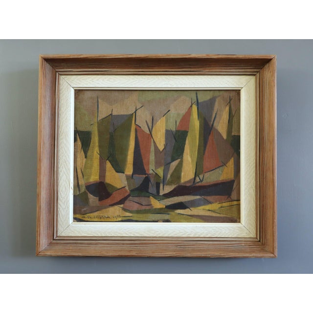 WOODLAND RHYTHM Size: 12.8 x 15.2 inches (including frame) Oil on board A dynamic mid-century artwork that can be read as...