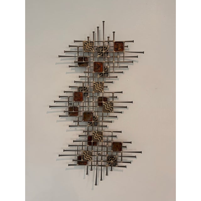 Brutalist 1970s Ron Schmidt Signed Brutalist Nail Art Mixed-Metal Wall Sculpture For Sale - Image 3 of 7