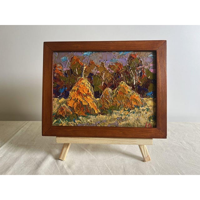 "№AAA3834 This oil painting cardboard, titled ""Haystacks in the field"", the composition is balanced and dynamic, guiding...