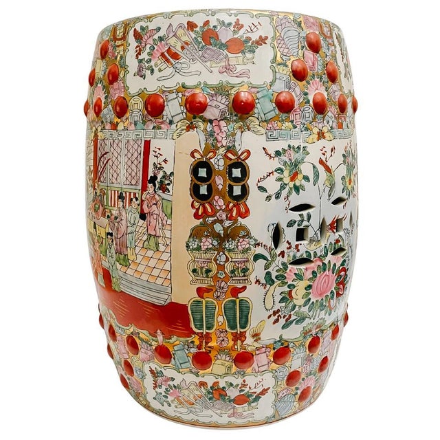 Chinoiserie Vintage Chinese Rose Medallion Garden Stool For Sale - Image 3 of 8