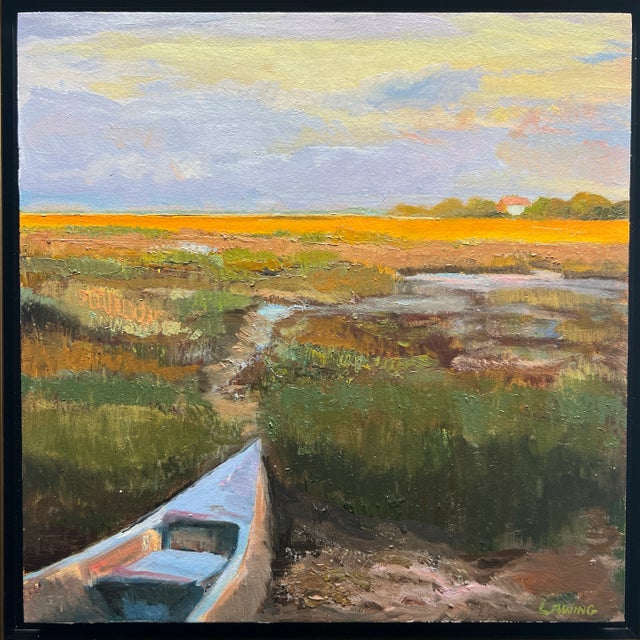 A coastal canoe awaiting high tide in the autumn marsh. One-of-a-kind original oil painting on a 12x12-inch cradled gesso...