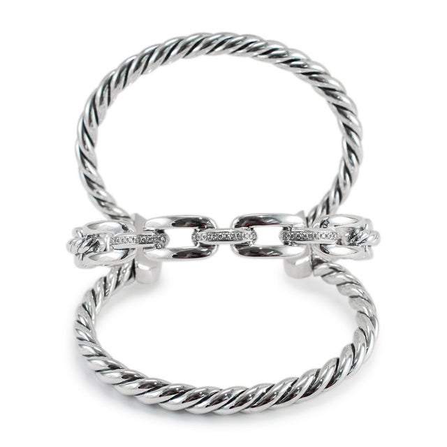 Early 21st Century David Yurman 925 Silver Wellesley Three-Row Diamond Cuff Bangle Bracelet For Sale - Image 5 of 8