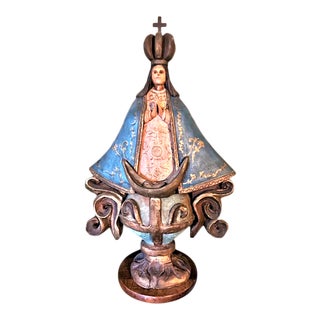 Mid 20th Century Large Wood and Polychrome Mexican Santo Sculpture of Our Lady of San Juan De Los Lagos - 35 Inches Tall For Sale