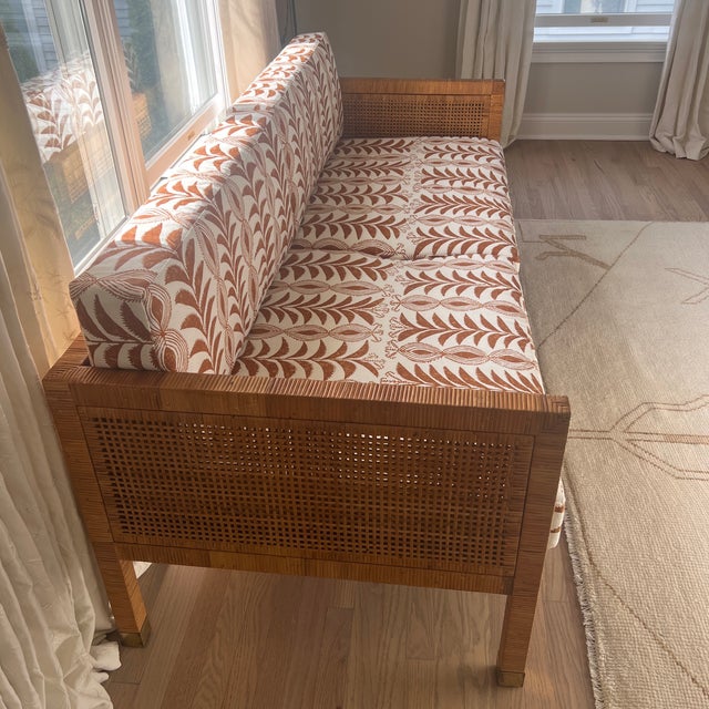 Bielecky Brothers Billy Baldwin for Bielecky Brothers Mid Century Rattan Cane Tuxedo Sofa With Penny Morrison Linen Fabric For Sale - Image 4 of 9