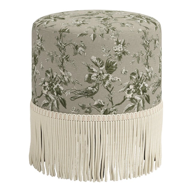 Stoffer Home x Cloth & Company Ann Ottoman in Michigan Bird Tolie Olive For Sale