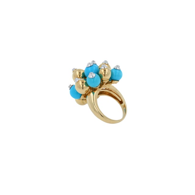 Blue Turquoise Diamonds Golden Spheres Balls Christmas Bells Motif 18k Gold Ring, Size 6 For Sale - Image 4 of 14
