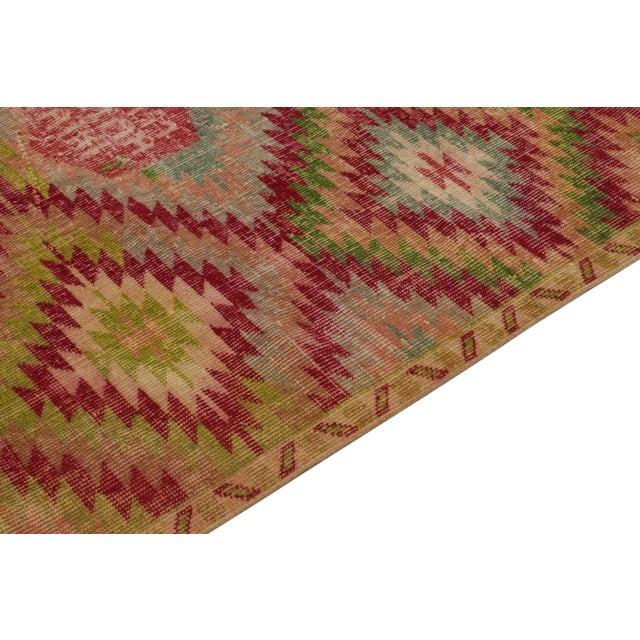 1960s Vintage Distressed Deco Rug in Red, Green, Pink Geometric Pattern For Sale - Image 5 of 7