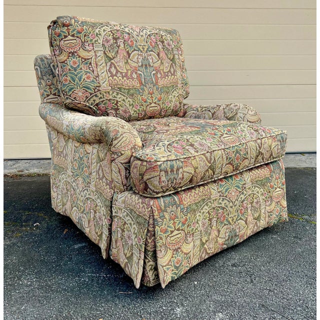This unmarked George Smith Standard Arm Style Chair is in a George Smith tapestry fabric. Have had two marked George Smith...
