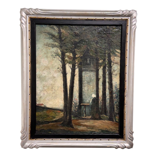 19th Century Belgian Flemish Oil Woman by the Shrine For Sale