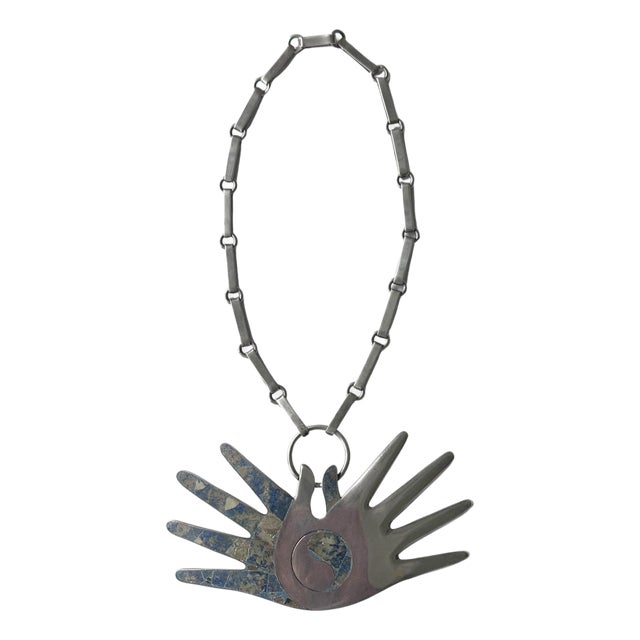 Mexican Modern Silver Necklace with Large Hand Pendent William Spratling For Sale