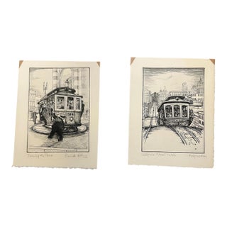 Rare 1947 Sf Cable Car Prints | Newbegin’s Bookshop Union Square - Set of 2 For Sale