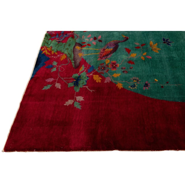 Green and Red Antique Art Deco Handmade Floral Chinese Wool Rug For Sale - Image 4 of 9