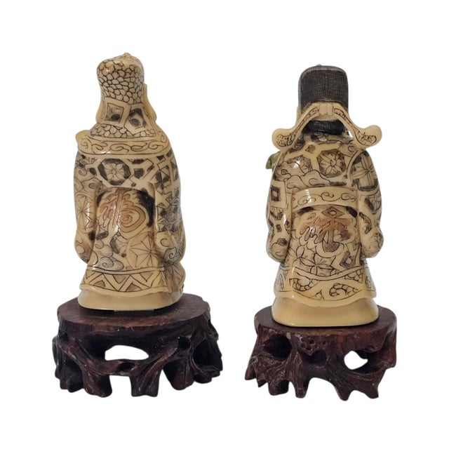 Cream Pair Chinese Scholar and Deity Figures on Carved Hardwood Stands 3.25" For Sale - Image 8 of 10