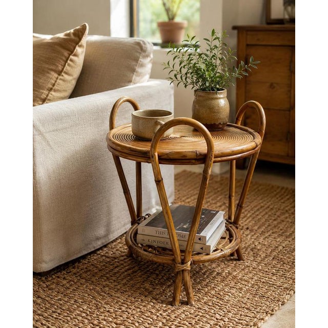 Vintage Sculptural Two-Tier Rattan Side Table with Loop Handles, Japan, 1970s For Sale - Image 3 of 7