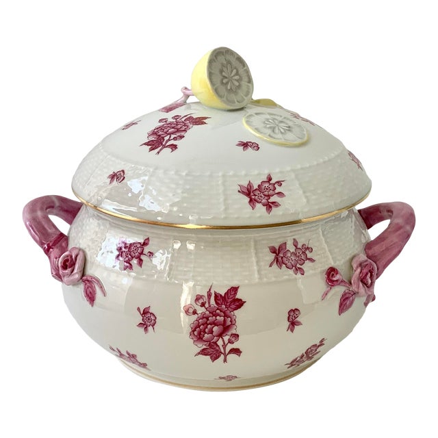 Vintage Herend Chinese Bouquet Raspberry Pink Round Soup Tureen With