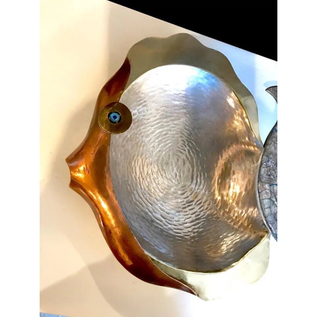 Brass Los Castillo Mixed Metal and Abalone Fish Platter, Mid-20th Century For Sale - Image 8 of 10