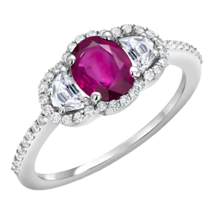 Oval Burma Ruby Half Moon Diamonds 2.20 Carat Eighteen Karat White Gold Ring Size 6