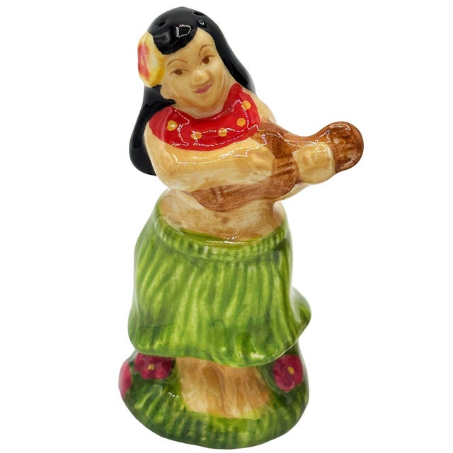 1980's Hula Girl & Palm Tree Ceramic Tabletop Matching Salt & Pepper Shaker Set For Sale - Image 4 of 6
