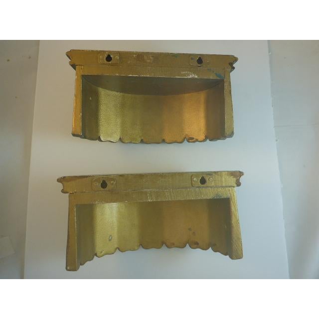 Pair 1980s Traditional Wall Shelf Brackets Painted Green Gold Crackle For Sale - Image 4 of 11