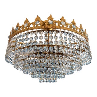 1960s Vintage French Crown Style Flush Mount Brass Chandelier With Soft Blue Crystals⁠ For Sale