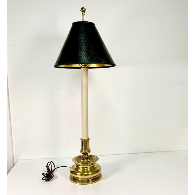 Mid 20th Century Mid-Century French Regency Neoclassical Candlestick Table Lamp & Reptile Embossed Black Shade For Sale - Image 5 of 13