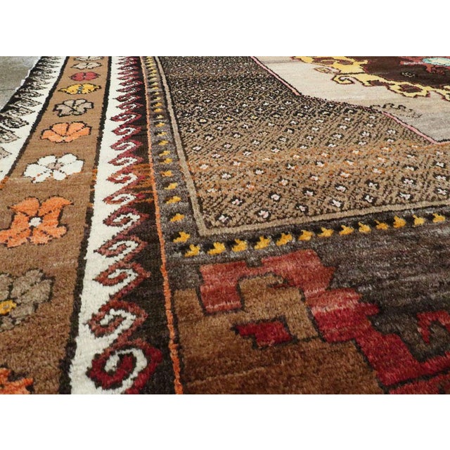Galerie Shabab Collection Mid-20th Century Handmade Turkish Tribal Room Size Rug in Brown Yellow and Red For Sale In New York - Image 6 of 10