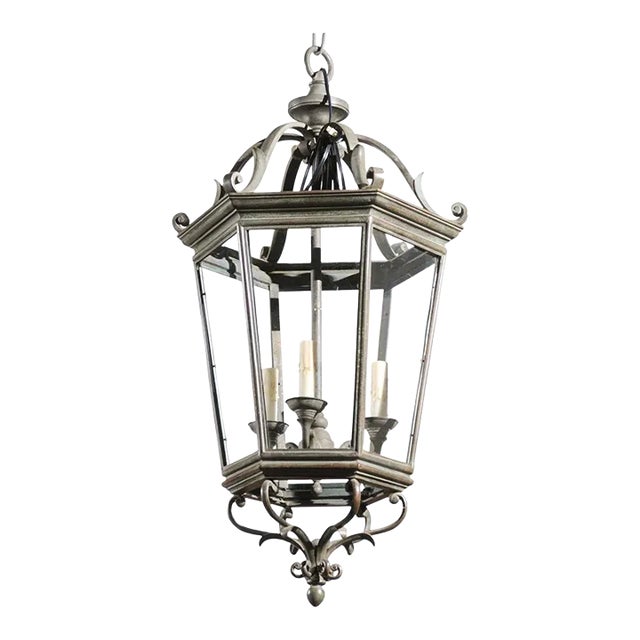 Spanish 1910s Bronze and Glass Hexagonal Lantern with Three Lights and Volutes For Sale