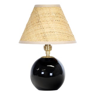 Giorgio Black Glass Mini Lamp, Natural Brass with Rattan Shade For Sale
