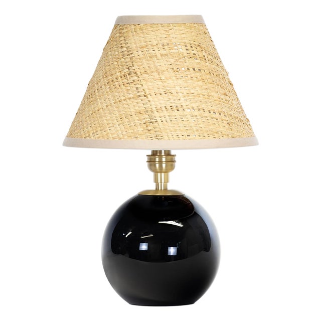 Giorgio Black Glass Mini Lamp, Natural Brass with Rattan Shade For Sale