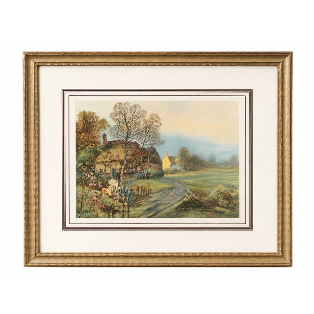 Wood Vintage 1950s Cottage Garden Landscape Print in Chippy Gold Wood Frame For Sale - Image 7 of 7