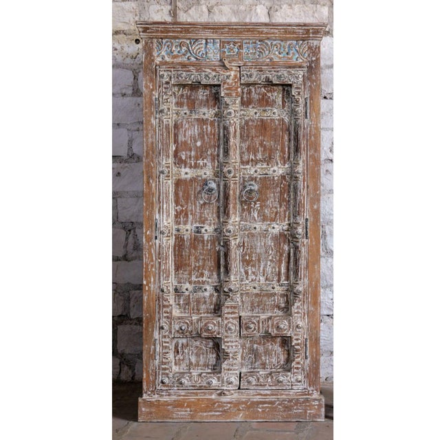 Wood Antique Rustic Hand-Carved Armoire in Distressed Whitewash Finish 78x37 For Sale - Image 7 of 7