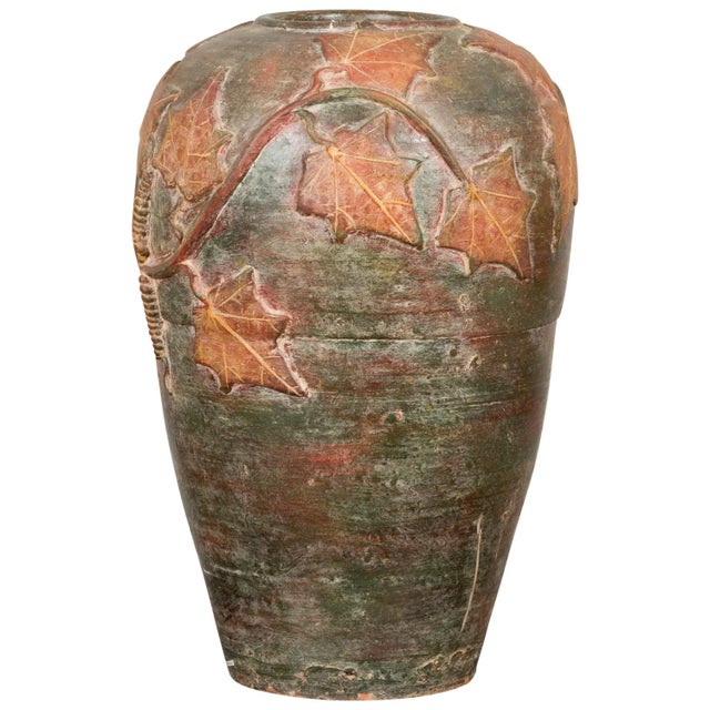 Vintage Thai Garden Vase with Vine Leaves Motifs, Orange and Green Tones For Sale - Image 13 of 13