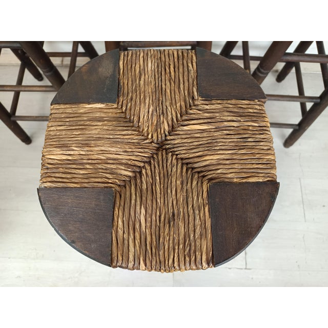 Brutalist Stools in Wood and Straw, 1950s, Set of 4 For Sale - Image 6 of 15
