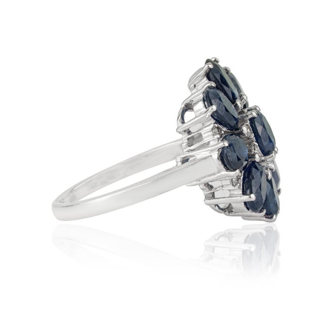 Metal Midnight 5.06 Ct Blue Sapphire & Diamond Floral Cluster Cocktail Ring, Size 7 For Sale - Image 7 of 12