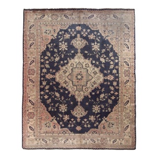 Hand-Knotted Antique Turkish Oushak Rug in Blue, Pink Medallion Floral Pattern For Sale