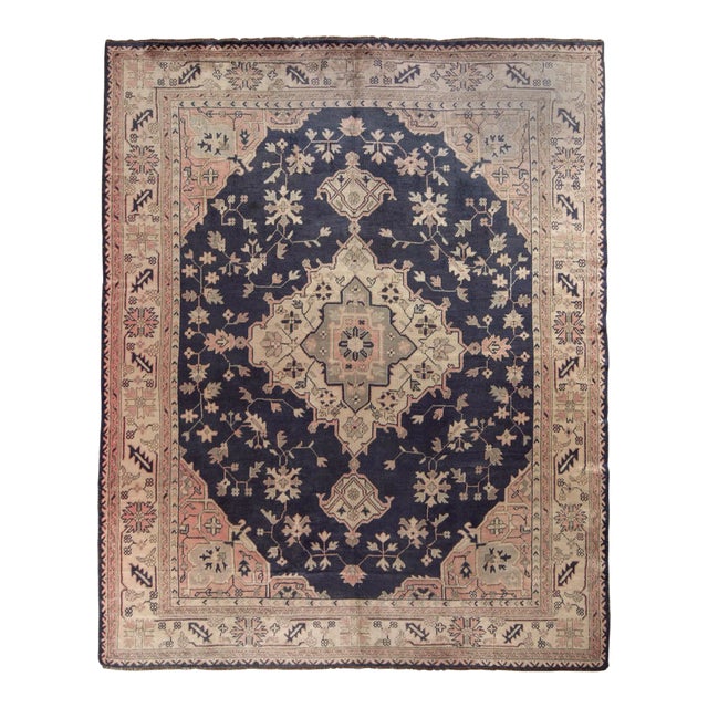 Hand-Knotted Antique Turkish Oushak Rug in Blue, Pink Medallion Floral Pattern For Sale