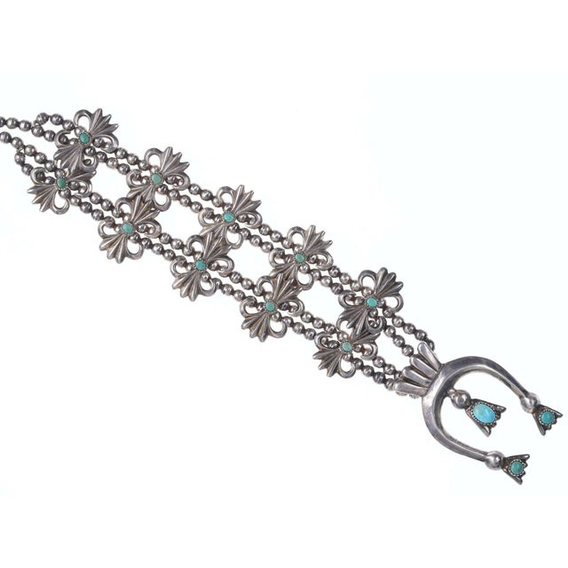 Vintage Navajo Silver Tufa Cast Squash Blossom Necklace With Turquoise For Sale - Image 4 of 5