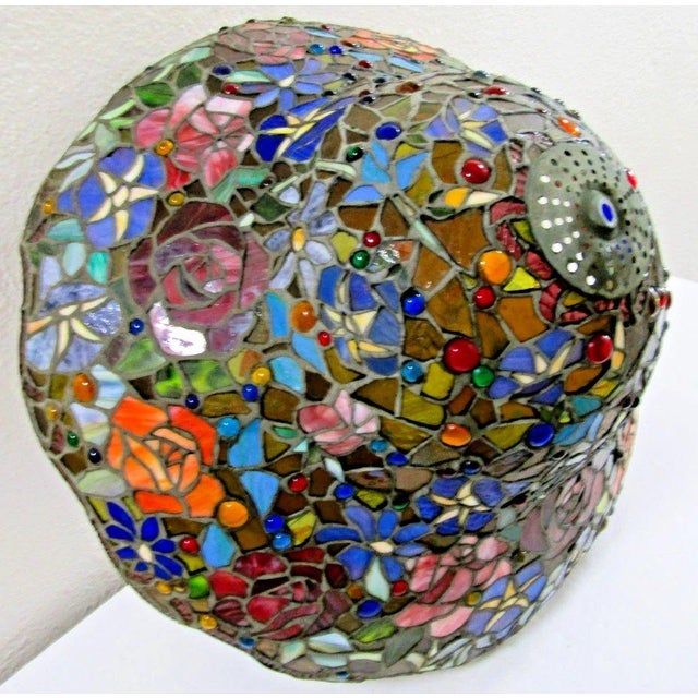 Vintage Tiffany Style Stained Glass Roses Poppies Cabochons Bell Lampshade For Sale - Image 12 of 18