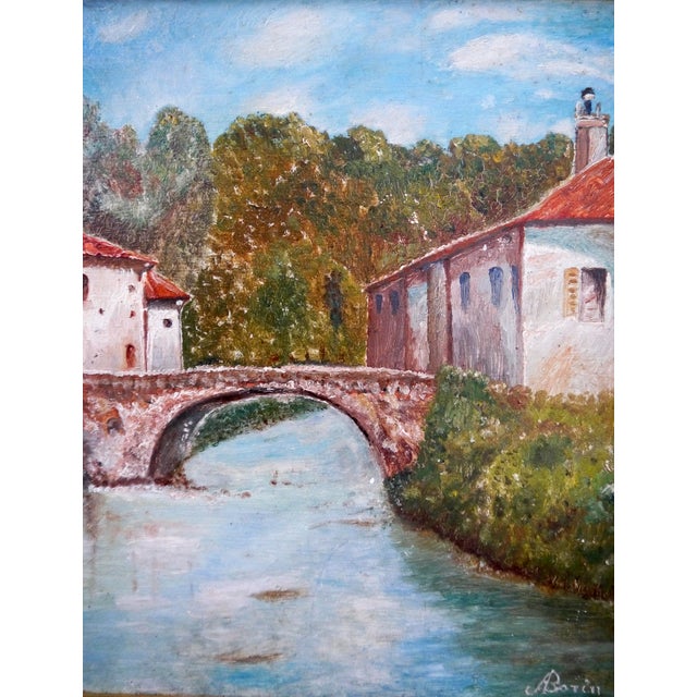 French 1990s J Borin French School River Town Landscape Oil Painting Signed For Sale - Image 3 of 12