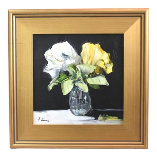 Yellow & White Flowers in Vase Painting Including the Antiqued Gold Wood Frame For Sale
