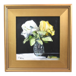 Yellow & White Flowers in Vase Painting Including the Antiqued Gold Wood Frame
