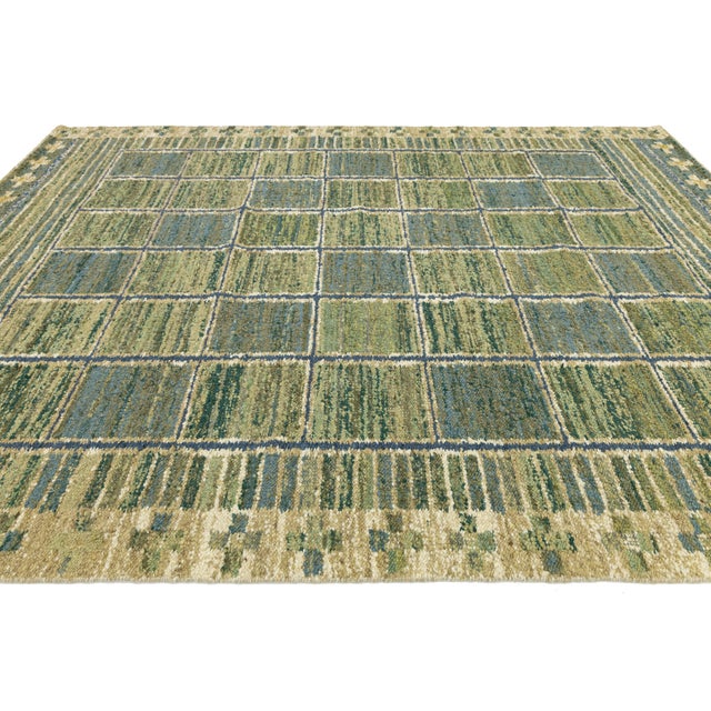 2010s Handmade Flatweave Rug Earthy Sage & Sky Blue Swedish Style Geometric Design For Sale - Image 5 of 10
