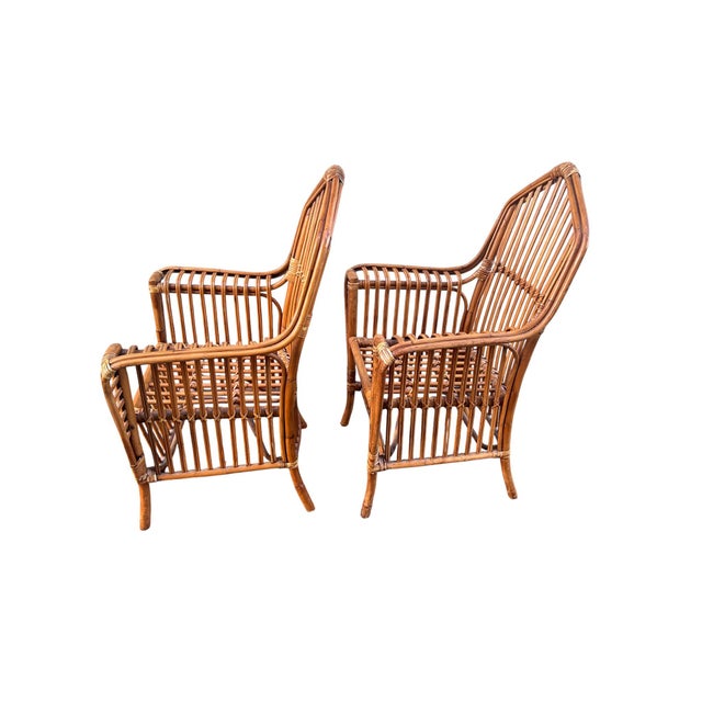 Mid 20th Century Pair Cathedral Split Reed Rattan Arm Chairs For Sale - Image 14 of 17
