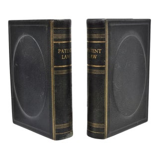 Vintage Italian Blue Leather Bound "Patent Law" Faux Book Bookends (A) - Pair For Sale