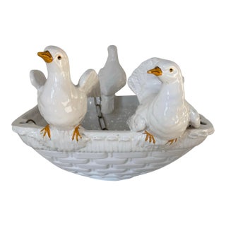 Vintage Italian White Ceramic Dove Hanging Planter With Faux Woven Basket Design For Sale
