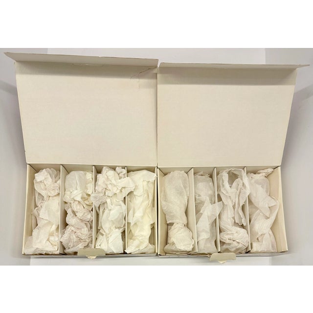 1960s Vintage Tall Stem Set 8 Glasses Glass Crystal Liquor Cordial Port Lot Box NoS Hungary Toscany For Sale - Image 5 of 11