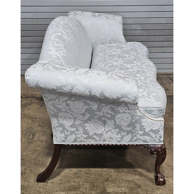 Wood Late 20th Century Baker Chippendale Mahogany Camel Back Sofa Claws & Ball Feet Blue Damask Fabric For Sale - Image 7 of 10