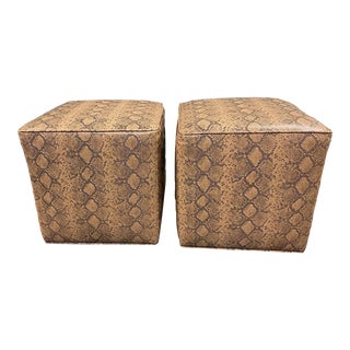 1980s Pair of Faux Python Modern Cube Ottomans For Sale